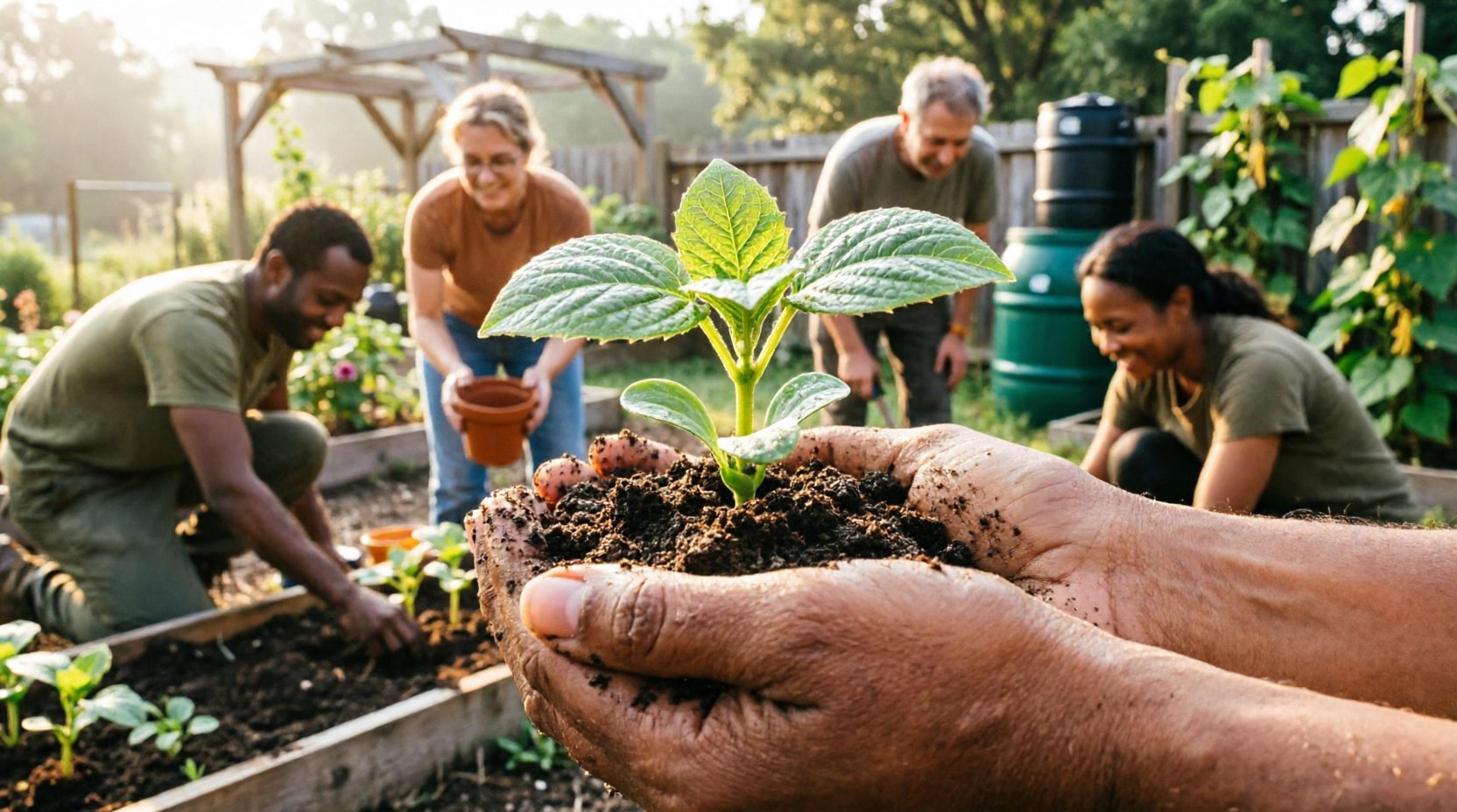 Hands cupping soil with a young sprout, community gardening in the background
