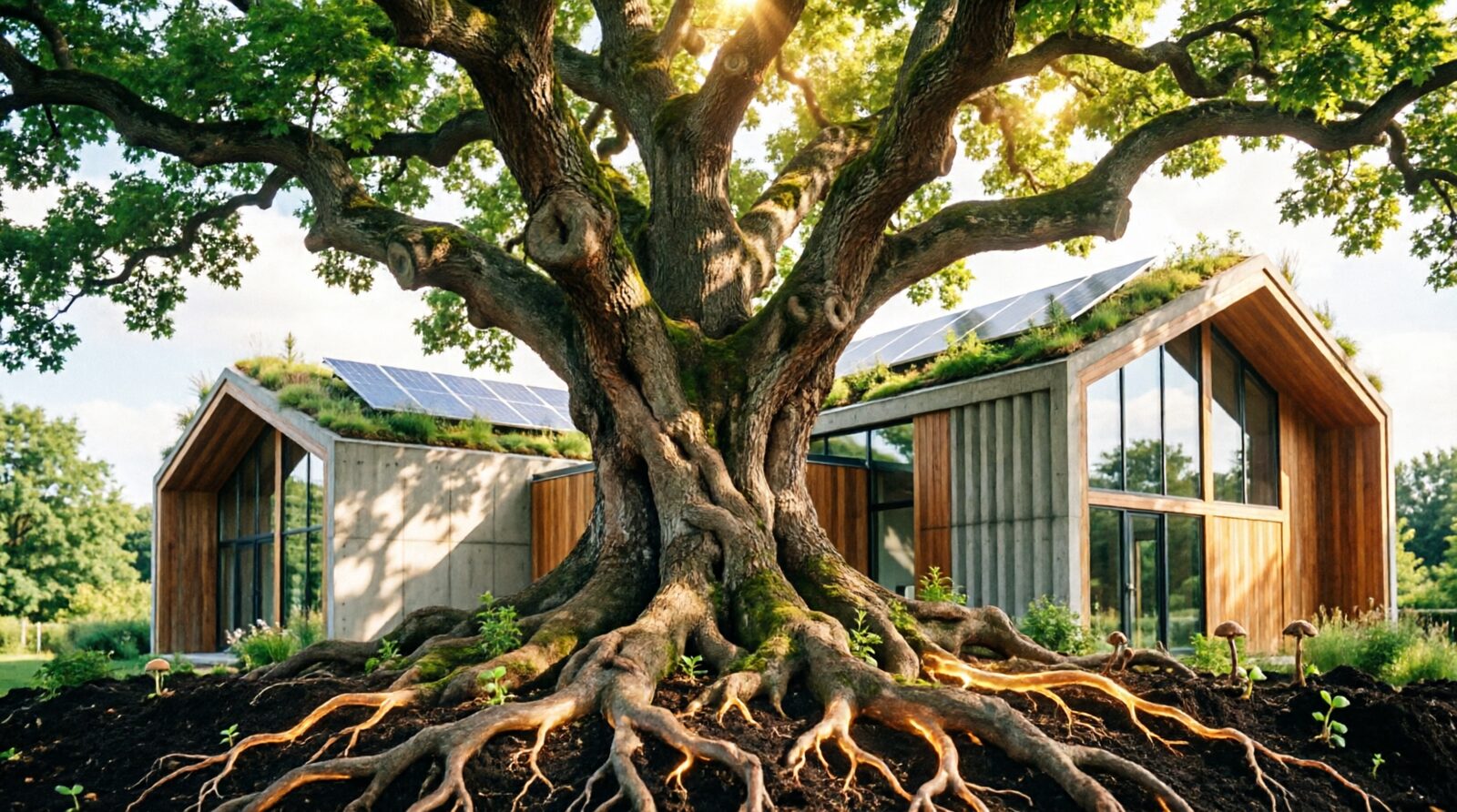 A great tree with glowing roots intertwined with a sustainable timber-and-concrete home with a living roof and solar panels