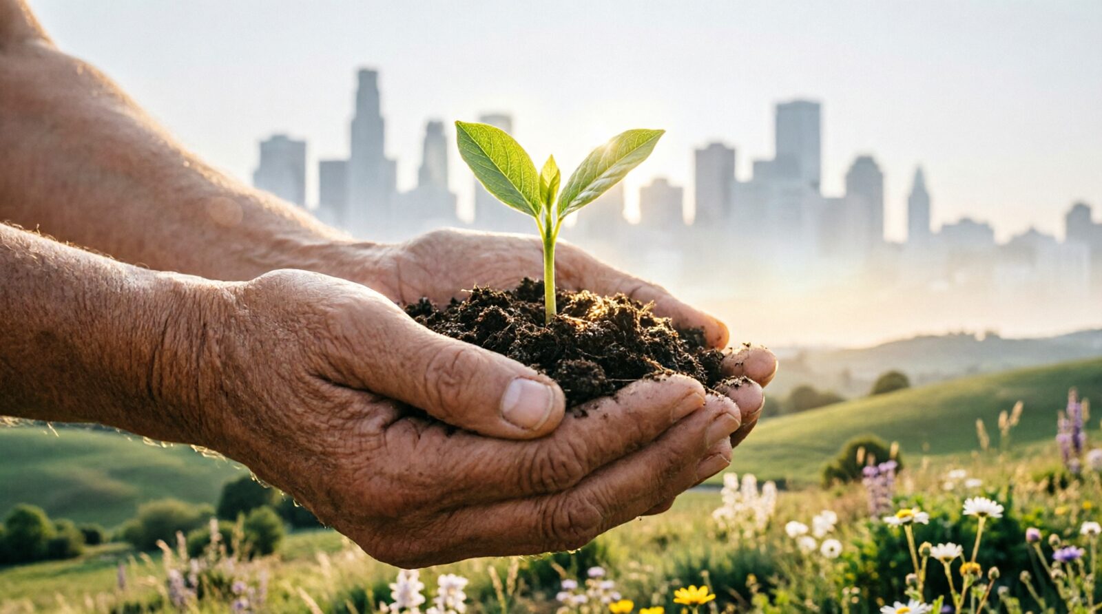 Cupped hands holding rich soil with a young green sprout, a hazy city skyline giving way to open countryside in the background