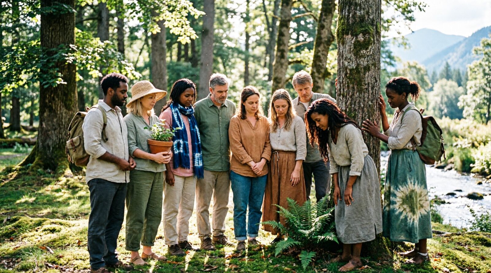 A diverse group of stewards standing together in a sunlit forest beside a river, in quiet, unified reflection