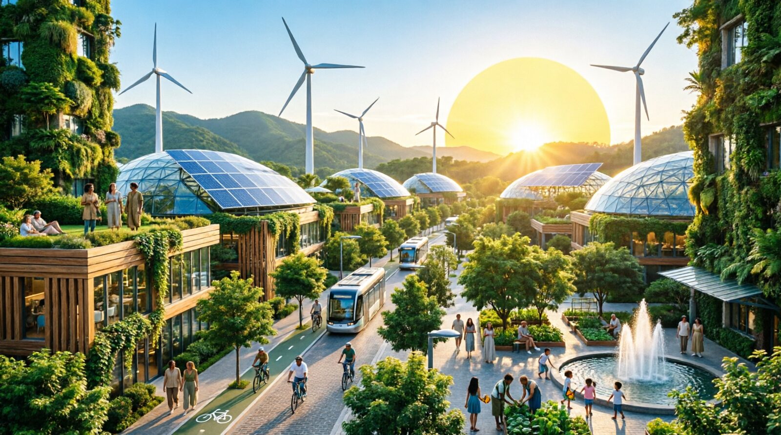 A sunrise over a lush, harmonious solarpunk streetscape blending nature with sustainable architecture, wind turbines, and community life